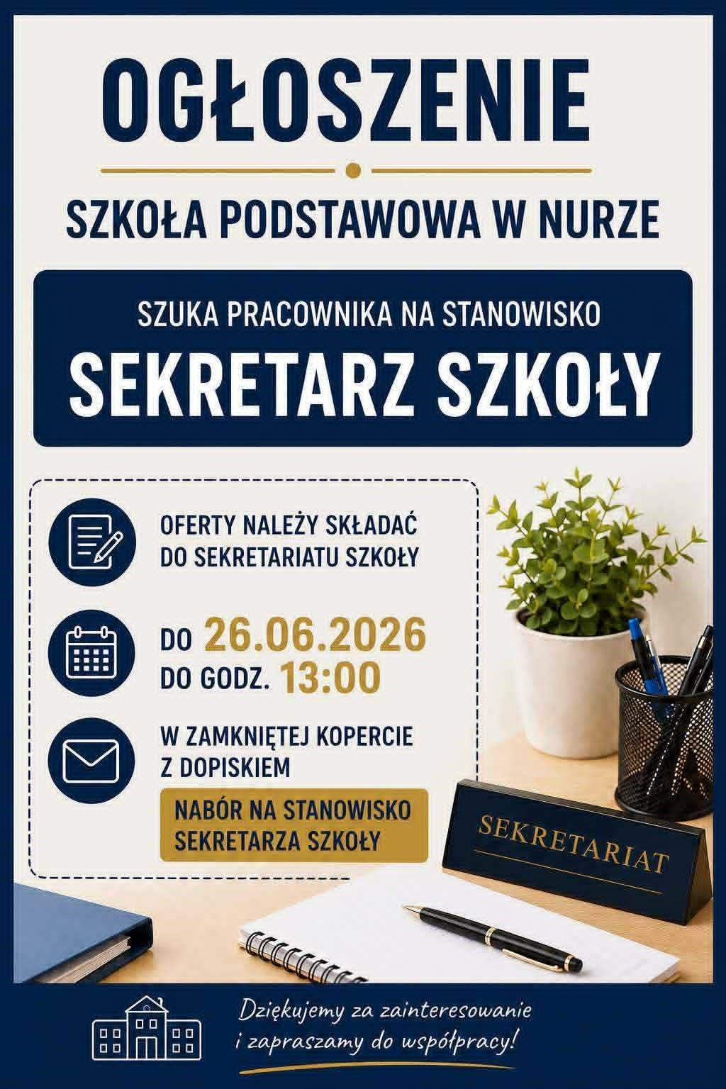 Ogłoszenie na&nbsp;stanowisko sekretarza szkoły