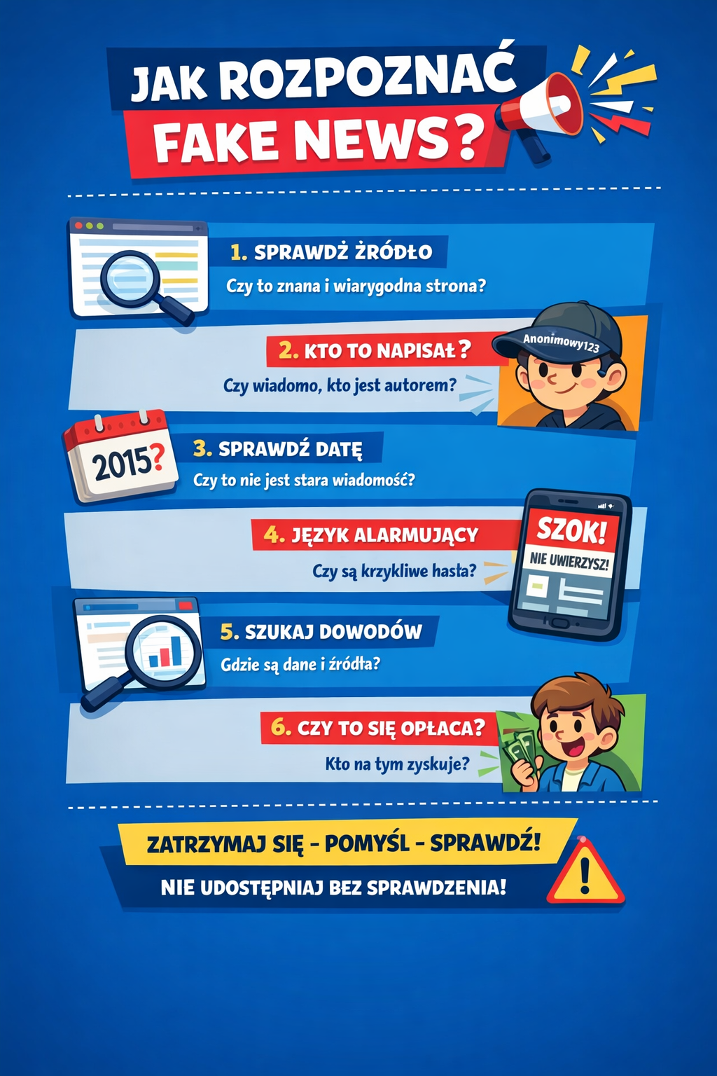 Zasady krytycznego korzystania z&nbsp;treści zawartych w&nbsp;internecie- plakat